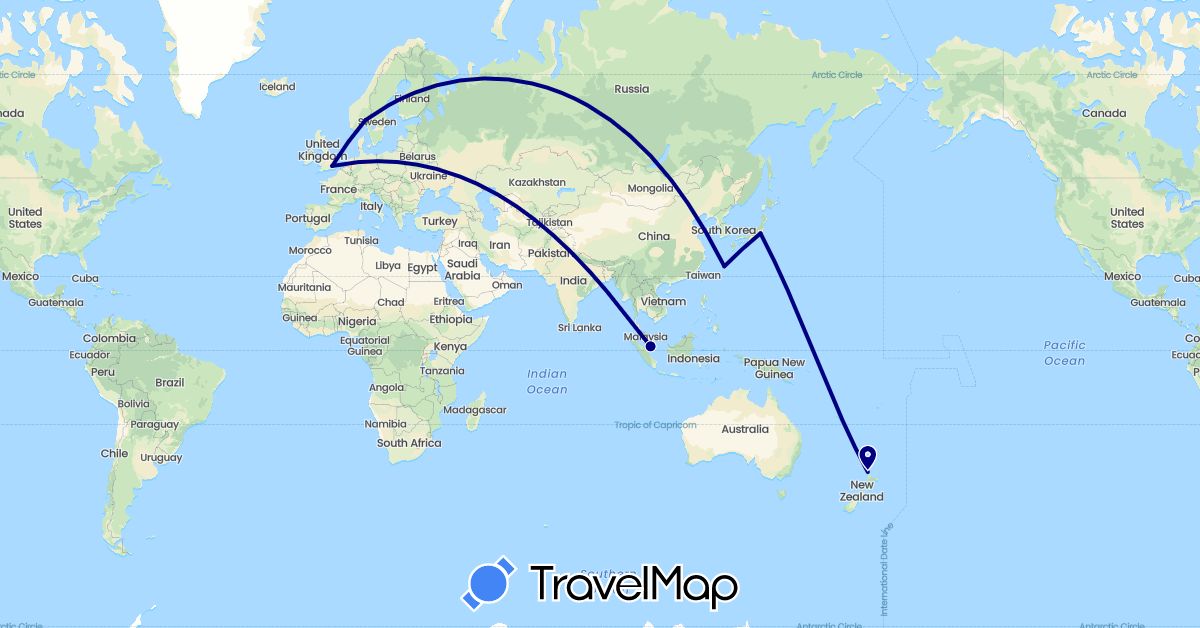 TravelMap itinerary: driving in United Kingdom, Japan, Norway, New Zealand, Singapore (Asia, Europe, Oceania)